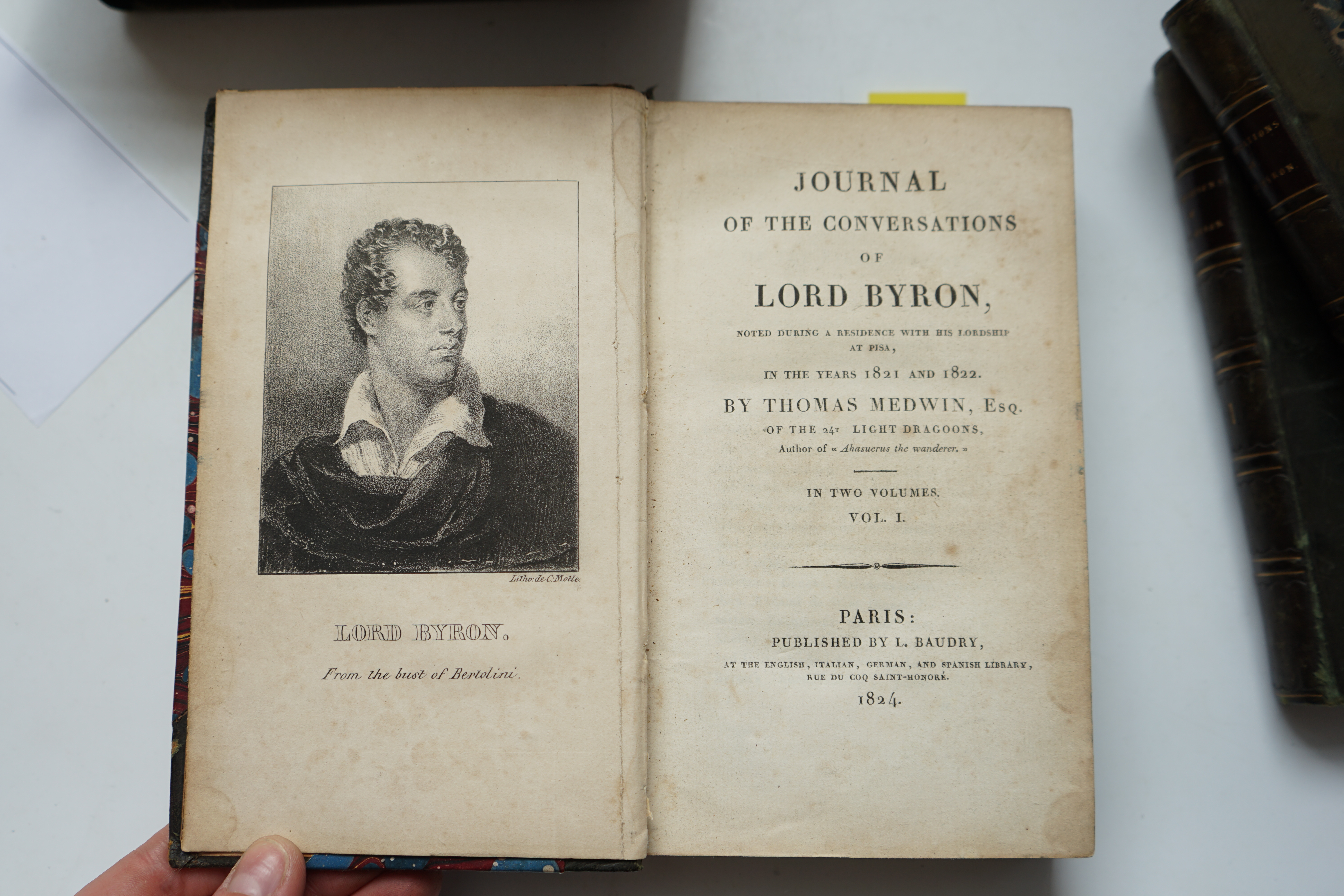 Medwin, Thomas - Conversations of Lord Byron noted During a Residence at Pisa, in the years 1821 and 1822, 2 vols, 12mo, half calf, Henry Colburn and Ruchard Bentley, London, 1830; another copy - 2 vols in 1, 8vo, half c